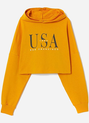 Худи женское h&amp;m, оверсайз,желтый, хлопок, кроп,топ,с рисунком, с надписью, трехнитка,петля,бобка,батник,кофта,широкое, свободное,короткое,прямое, с капишоном