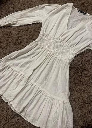 Белоснежное натуральное льняное платье от zara короткое мини лето весна тренд