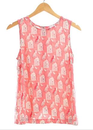 Блуза майка штапель принт котики, мышки домики спинка на пуговицах размера #582#