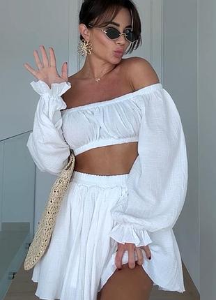 Костюм - двойка женский летний  муслиновый хлопковый с юбкой-шортами, топ, юбка - шорты, молочный