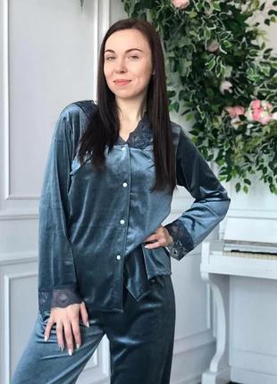 Пижама синяя с кружевом