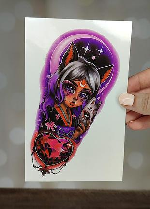 Тимчасове татуювання, фальшиве тату на тіло "місячна дівчина - кішка. маска кіцуне" (тату0018)