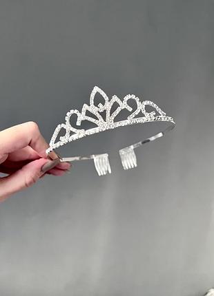 Серебряная диадема корона, ободок корона стразы, обруч корона, украшение на голову, тиара серебро