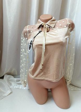 Блуза велюр стрейч сітка в горох