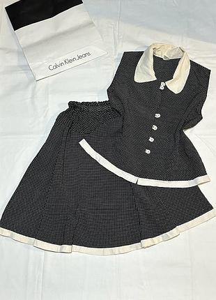 Elegance женский черный костюм-двойка в горошек, летний костюм с юбкой-миди, винтажный костюм (жилетка с воротником+юбка-солнцклеш), размер m/l