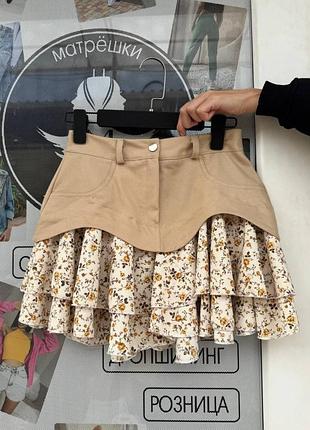 Женская короткая юбка с имитацией баски с цветочным принтом, мини юбка