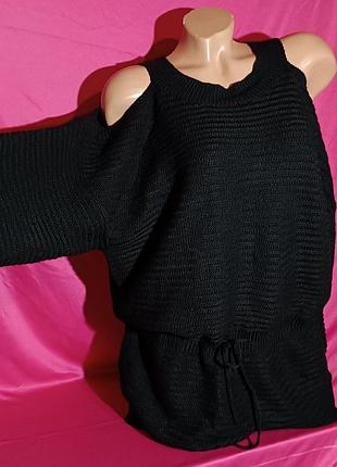 Туника вязаная черная с открытыми плечами, платье мини черная, платье короткое