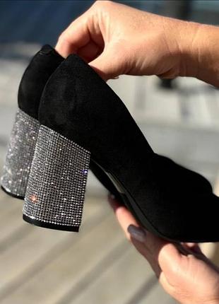 Накладной платеж ❤ замшевые праздничные туфли на широком каблуке с стразами