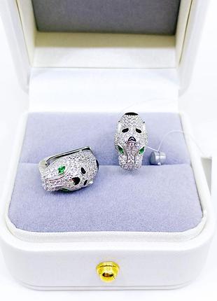 Серьги сережки леопард с зелеными глазами с камнями камни камень серебро 925 проба новые с биркой картье cartier