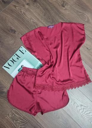 Пижама женская атласная, бургунди, размер s