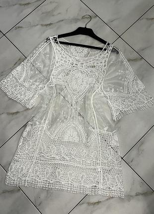 Белая ажурная коттоновая пляжная туника накидка сеточка m-l (46-48-50)