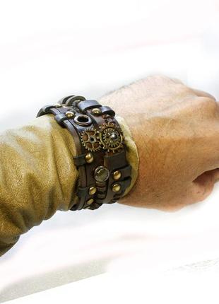 Вінтажний шкіряний браслет з натуральної шкіри в стімпанк і готичному вікторіанському стилі3 фото