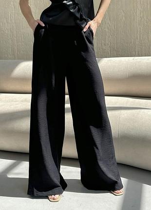 Брюки - кюлоты женские летние льняные широкие оверсайз с карманами, прямого кроя, черные