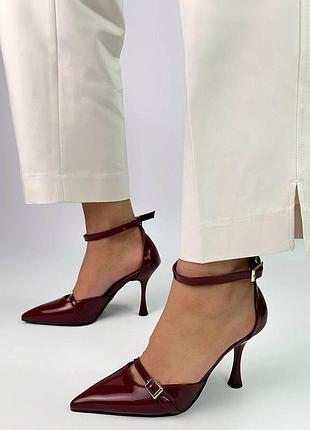▪️жіночі туфлі човники босоніжки слінгбеки з ремінцем марсала бургунді бордові каблук рюмочка шкіряні лаковані (еко лак шкіра)