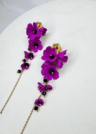 Длинные серьги цветочные (цветы) в цвете фуксия (розовый)