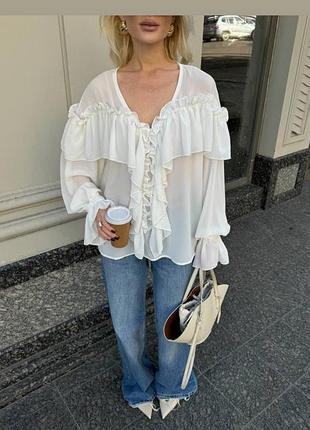 Блуза шифоновая в бохо стиле с воланами рюшами длинный рукав