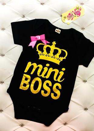 Чорний дитячий боді бодік на немовля дівчинку хлопчика з написом mini boss бантик