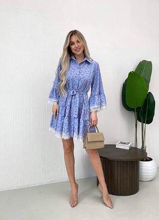 Женское платье-мини летнее с длинным рукавом с кружевом в цветочный принт софт