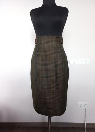 Винтажная юбка карандаш, клетка, хаки, маленький размер с-хс