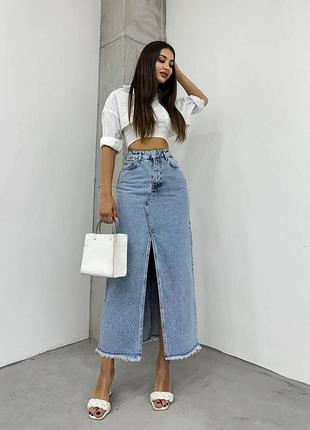 Джинсова спідниця з розрізом довга джинсова спідниця блакитна джинсова спідниця