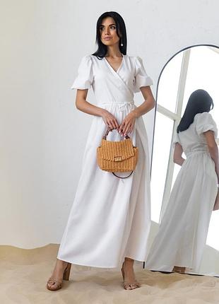 Платье женское удлиненное, летнее, льняное, на запах, с коротким рукавом - фонариком, белое