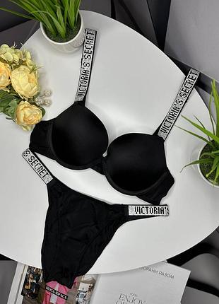 Комплект жіночої спідньої білизни victoria's secret вікторія сикрет модель зі стразами чорний