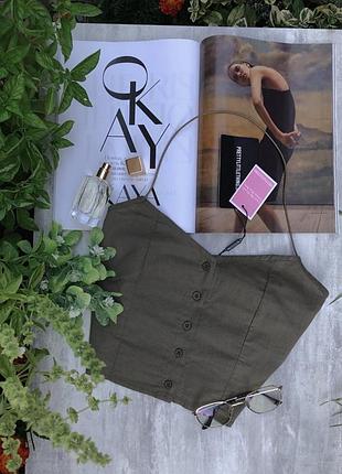 Лляний топ на ґудзиках хакі м-л plt / льняной топ