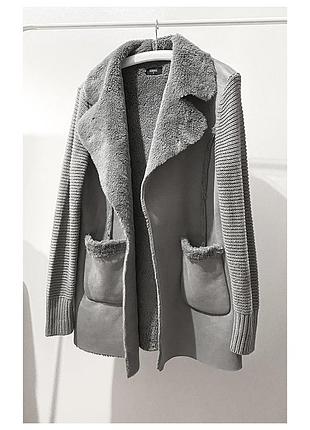 L-xl кардиган утеплен мехом на запах кофта пальто прямой фасон женский серый