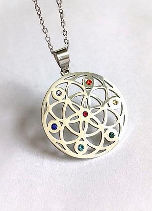 Подвеска цветок жизни d = 32 мм (нержавеющая сталь). амулет цветок жизни с чакрами. амулет семь чакр