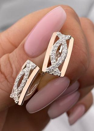 Оплата 100%🇺🇦 сережки срібло 925° золото 375° пластини, вставка куб.цирконії  0230.10 прямокутні