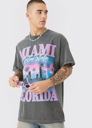 Темно графітова варена футболка boohooman з принтом miami florida, темно сіра, виварена, washed