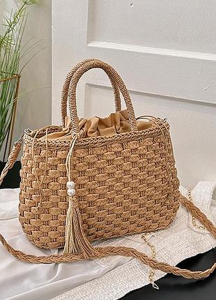 Жіноча літня плетена сумка з довгою ручкою bohemia кавова
