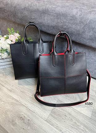 Жіноча стильна містка сумка, формат а4, еко шкіра, на три відділення, чорна сумка, чорна з червоним, а4, велика сумка
