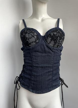 Джинсовий корсет - топ  guess jeans стрейч на затяжках стрічках з мереживом miss sixty cop Mix