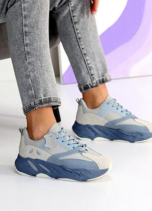 Синие натуральные кроссовки с утолщенной подошвой