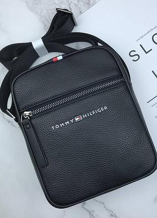 Чоловіча шкіряна сумка через плече tommy hilfiger брендова барсетка томмі хілфігер чорний мессенджер