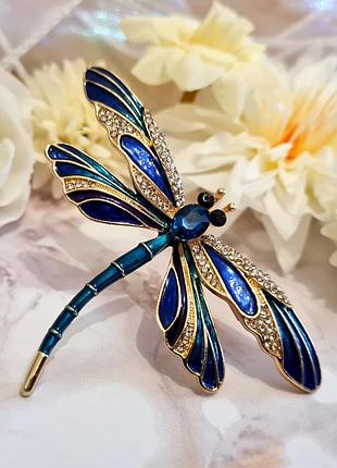 🔺🌟 яркая брошь "стрекоза" сине-бирюзовая эмаль, кристаллы