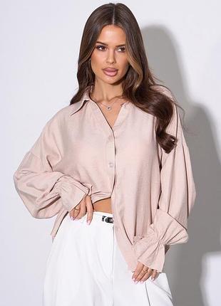 Лляна вільна сорочка з v-подібним вирізом з довгими рукавами