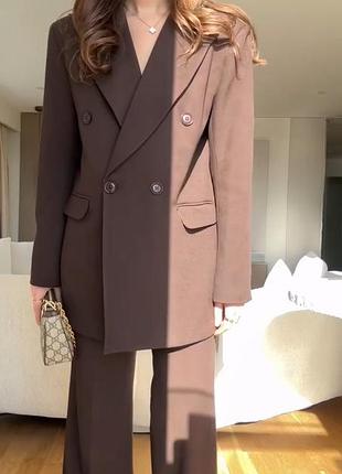 Жіночий костюм класичний діловий штани палаццо і + піджак вільного крою стильний трендовий бежевий шоколадний