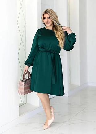 Сатиновое платье миди с поясом и длинными рукавами