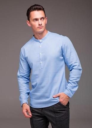 Мужская льняная рубашка без воротника, воротничок стойкой на пуговицах, с длинными рукавами на пуговицах