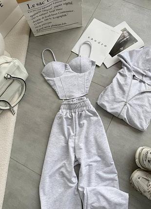 Женский костюм тройка кофта зепка на замке+ топ корсет на завязках и джоггере брюки серый графитовый черный