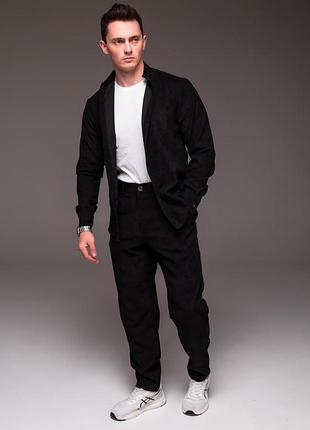 Чоловічий вельветовий якісний костюм сорочка на гудзиках з коміром стійкою і штани прямого крою на гудзику