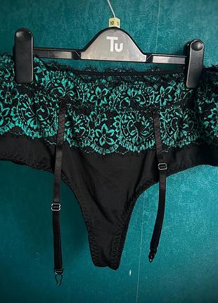 Трусики бикини с держателями для чулок черные бирюзовые 4xl с кружевом