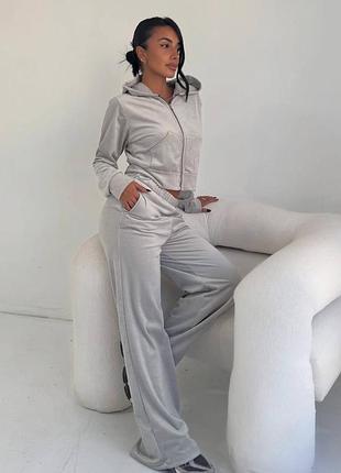 Костюм из премиального велюра велюровые брюки палаццо широкие и + кофта на замке зепка с капюшоном мокко свет серый