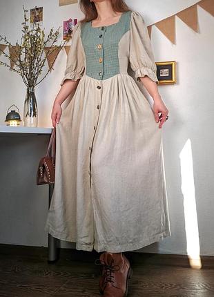 Платье лен винтажное серое клетка зелёная кантри бохо на пуговицах длинное пышное l австрия
