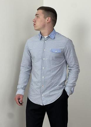 Голубая легкая рубашка hugo boss orange в полоску, классическая, в полоска, голубая, хюго босс оранж