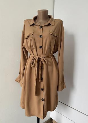 Сукня сорочка бежева amisu 10 сукня-сорочка міді плаття на ґудзиках з поясом