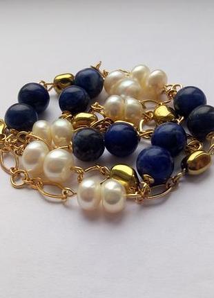 Намисто, натуральні перли, содалить, гематит, позолота