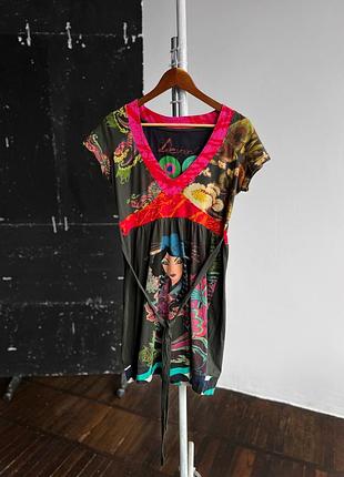 Desigual womens japan abstract graphic printed tunic dress short sleeve v-neck multicolor жіноча, коротка, принтована сукня